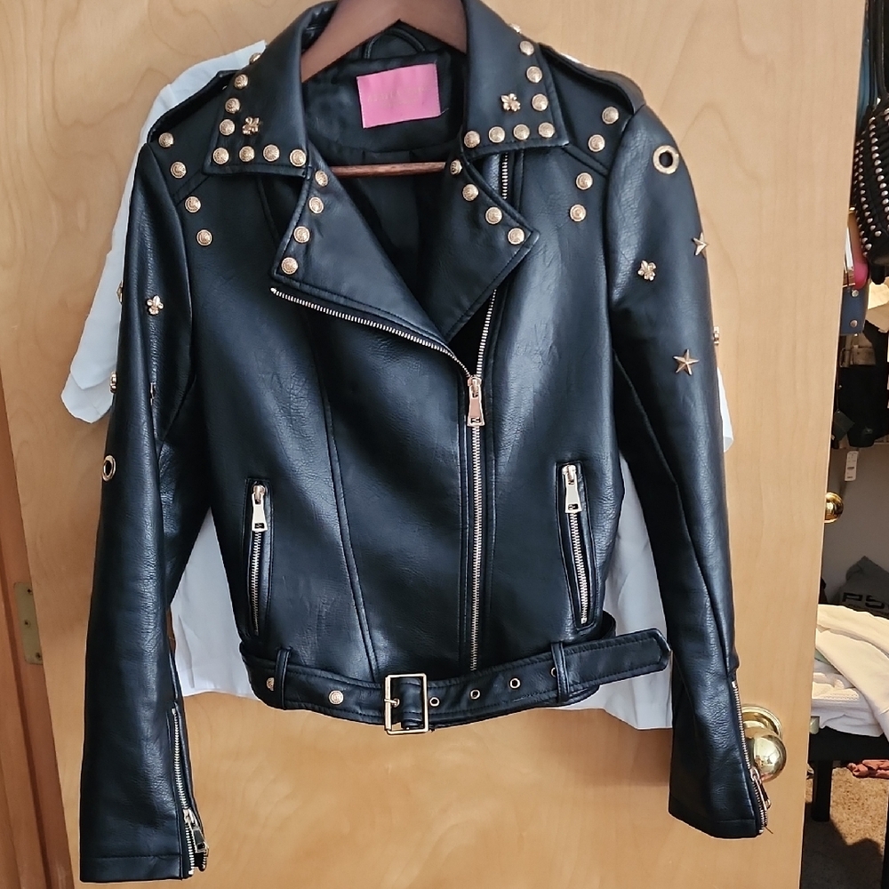 Azalea Wang Women's Black Faux Leather Jacket with Gold Studs & Hardware